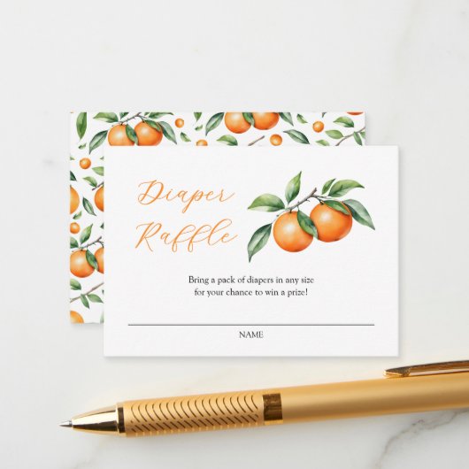 水彩オレンジ色の赤ちゃんシャワーおむつラッフル エンクロージャーカード (正面/裏面インサイチュ)