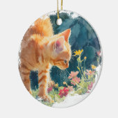 水彩オレンジ虎猫付春の花 セラミックオーナメント (左)