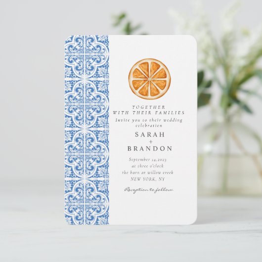 水彩オレンジ青タイル メディテレーニア ウェディング 招待状 (スタンド正面)