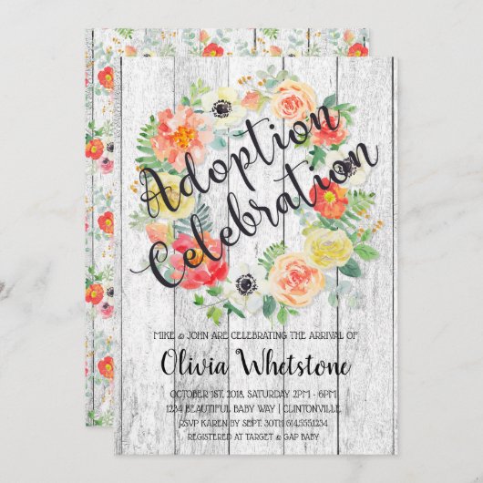 水彩オレンジ＆イエローのリース 養子縁組 招待状 (正面/裏面)