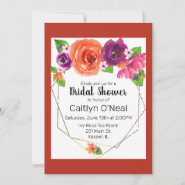 水彩オレンジ パープル ピンク 花柄 ゴールドフレーム 招待状