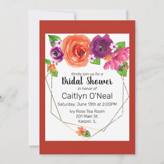 水彩オレンジ パープル ピンク 花柄 ゴールドフレーム 招待状 (正面)