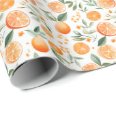 水彩オレンジ＆リーフ ホワイト背景 ラッピングペーパー (ロールコーナー)