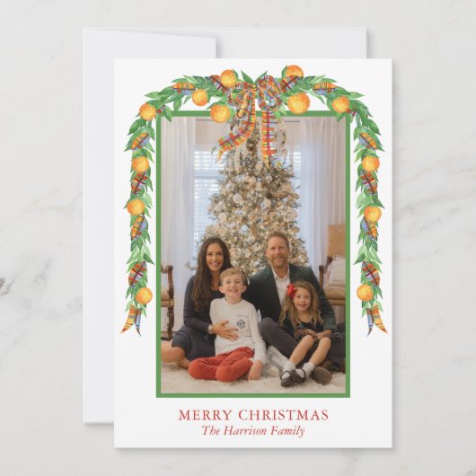 水彩オレンジBowガーランドクリスマスフォト シーズンカード (正面)