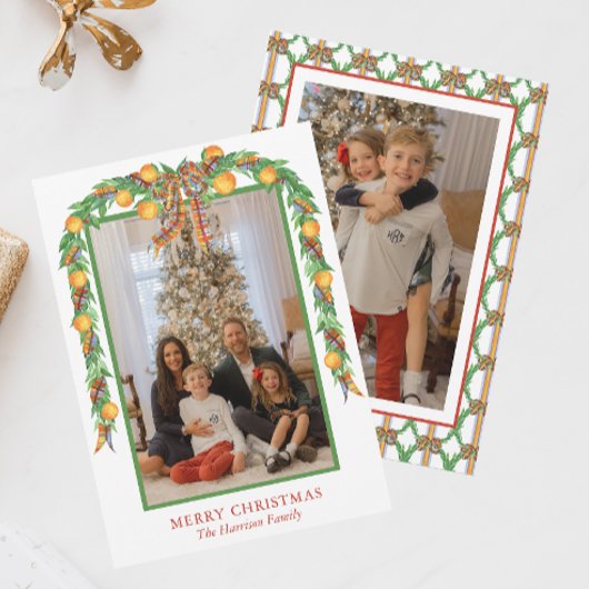水彩オレンジBowガーランドクリスマスフォト シーズンカード