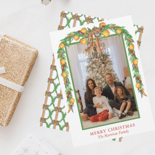 水彩オレンジBowガーランドクリスマスフォト シーズンカード