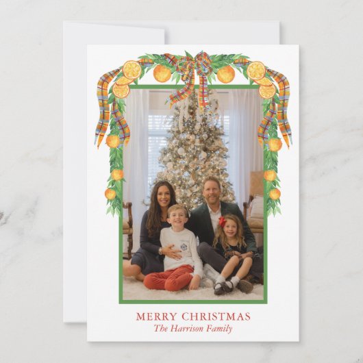 水彩オレンジBowガーランドクリスマスフォト シーズンカード (正面)