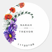 水彩オレン鮮やかジと紫の野花 ラウンドシール (正面)