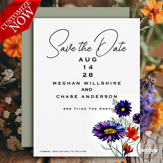 水彩オレン鮮やかジと紫の野花 招待状