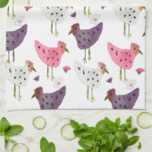 水彩オンドリピンク紫花柄 キッチンタオル (折り畳み)