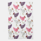 水彩オンドリピンク紫花柄 キッチンタオル (縦)