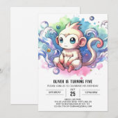 水彩オンラインモンキー誕生日 招待状 (正面/裏面)