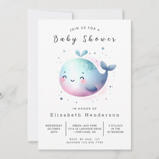 水彩オンライン鯨ベビーシャワー 招待状 (正面)