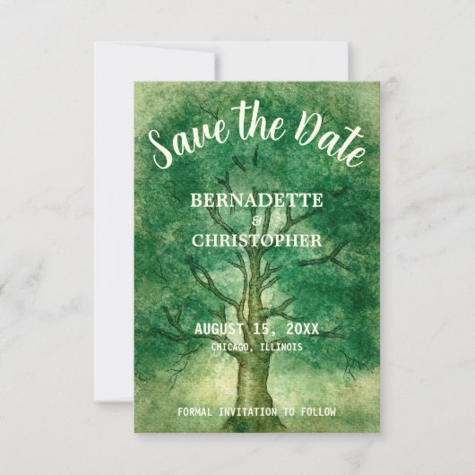 水彩オークの木レトロな森林ウェディング セーブザデート (正面)
