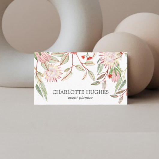 水彩オーストラリアの花赤面ピンク&グレー 名刺