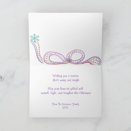 水彩オーナメントとフェスティバルリボンクリスマス カード (内部)