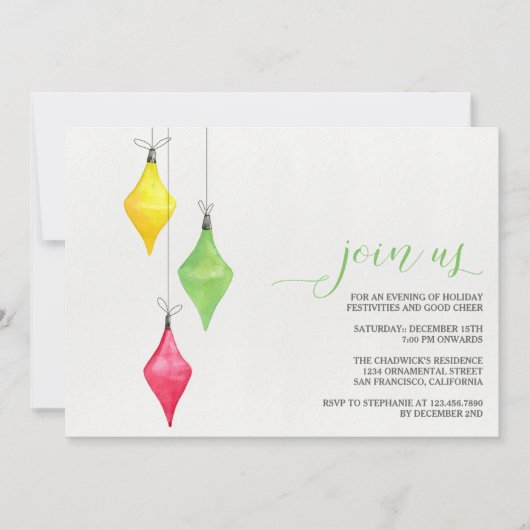 水彩オーナメントクリスマスパーティの招待状 招待状 (正面)