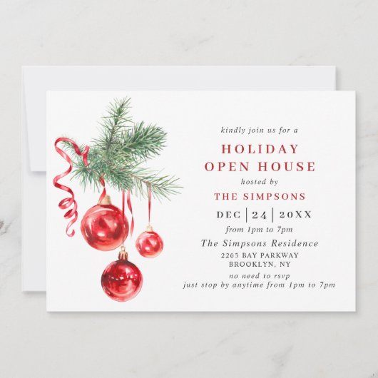 水彩オーナメントクリスマスホリデーオープンハウス 招待状 (正面)