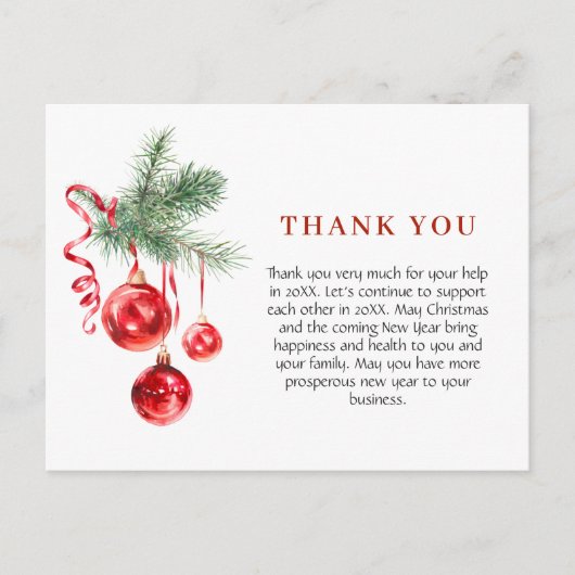水彩オーナメントクリスマスホリデーサンキュー ポストカード (正面)