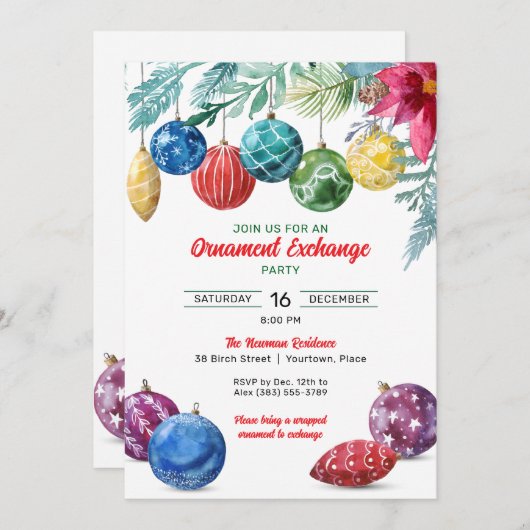 水彩オーナメント交換クリスマスパーティー 招待状 (正面/裏面)