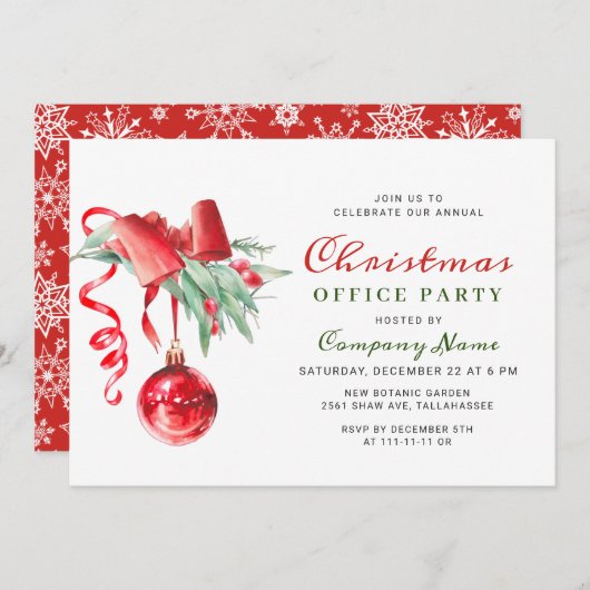 水彩オーナメント企業のクリスマスパーティー 招待状 (正面/裏面)