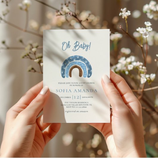 水彩オーバビーブルーレインボーベイビーシャワー 招待状