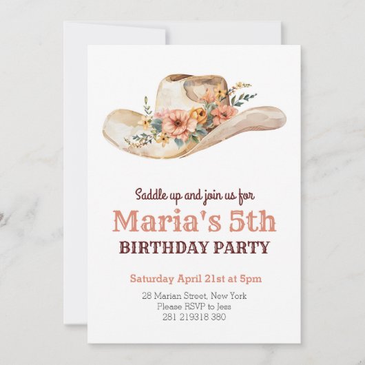 水彩カウガールハット ロデオ ウェスタン 誕生日 招待状 (正面)