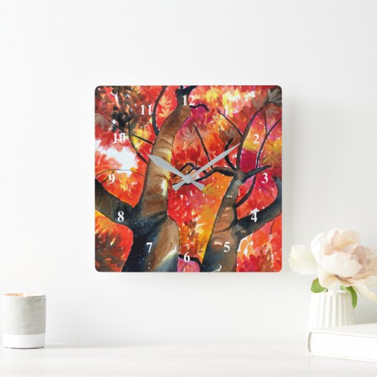 水彩カエデ日本のの木 スクエア壁時計 (ホーム)
