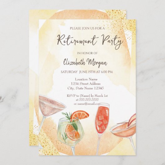 水彩カクテルイエローリタイアメント招待状 招待状 (正面/裏面)