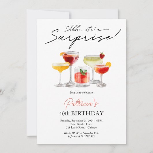 水彩カクテルサプライズ40歳の誕生日 招待状 (正面)