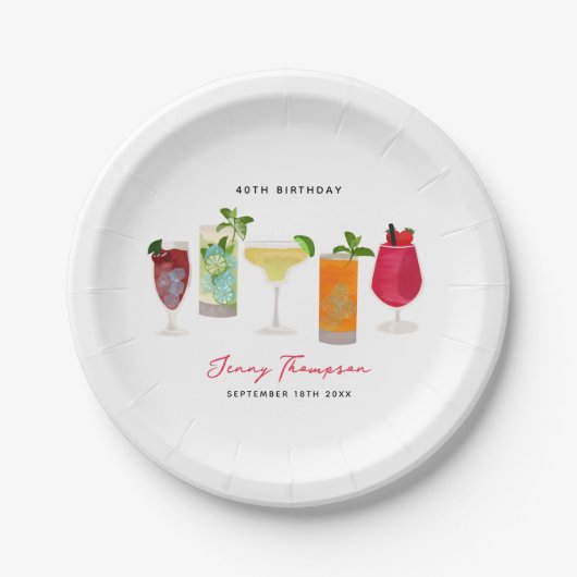 水彩カクテルパーティードリンクバースデーパーティー ペーパープレート (正面)
