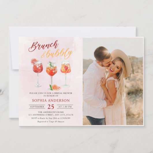 水彩カクテルパーティーブライダルシャワー写真 招待状 (正面)