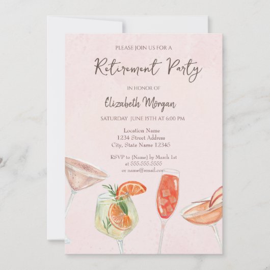 水彩カクテルピンクリタイアメント招待状 招待状 (正面)