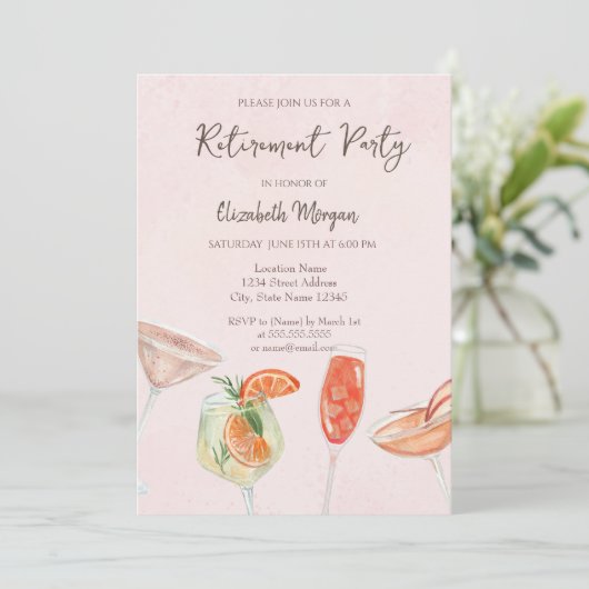水彩カクテルピンクリタイアメント招待状 招待状 (スタンド正面)
