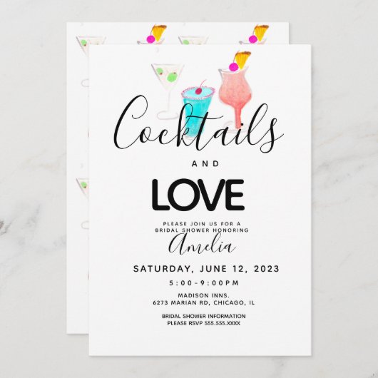 水彩カクテルブライダルシャワーバチェロレッテ 招待状 (正面/裏面)
