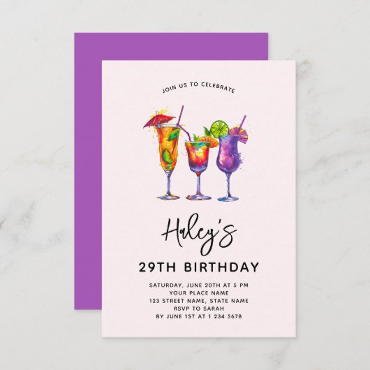 水彩カクテル29th誕生日パーティー 招待状 (正面/裏面)