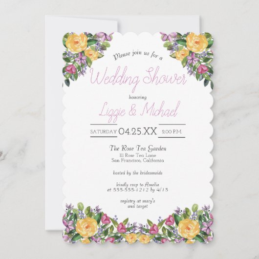 水彩カスケードフローラブーケウェディングシャワー 招待状 (正面)
