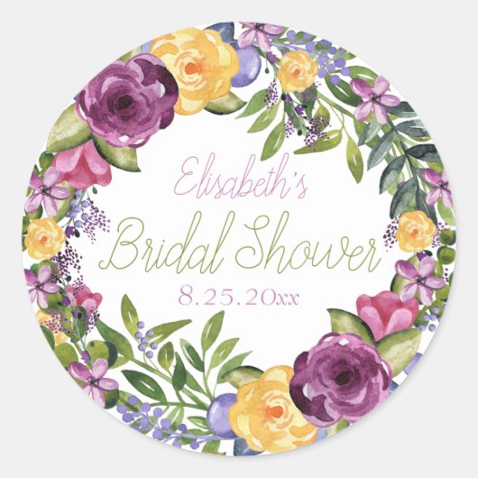 水彩カスケードフローラブーケブライダルシャワー ラウンドシール (正面)