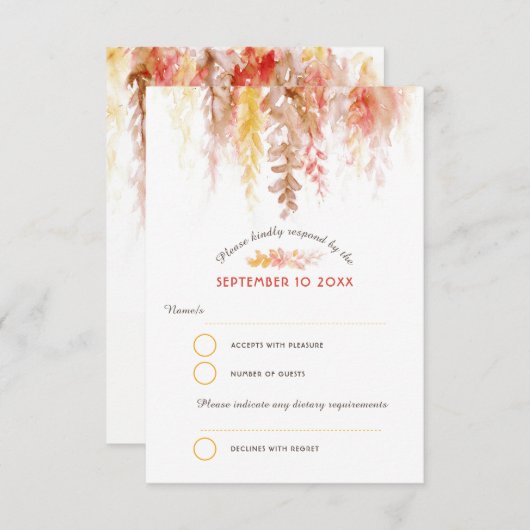 水彩カスケード秋つる植物ブラウン結婚オレンジ 出欠カード (正面/裏面)
