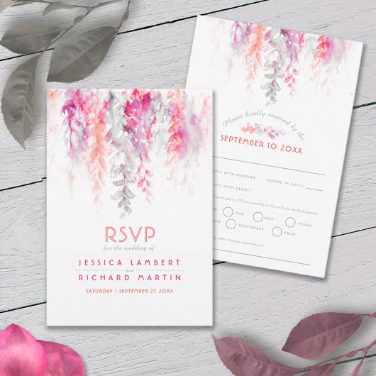 水彩カスケード結婚のセージ緑のコーラルピンク 出欠カード
