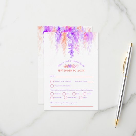 水彩カスケード結婚の紫オレンジピンクRSVP 出欠カード (正面/裏面インサイチュ)