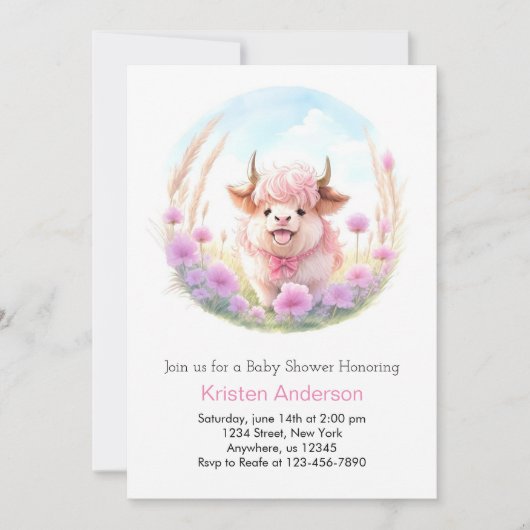 水彩カスタムハイランドカウガールベビーシャワー 招待状 (正面)