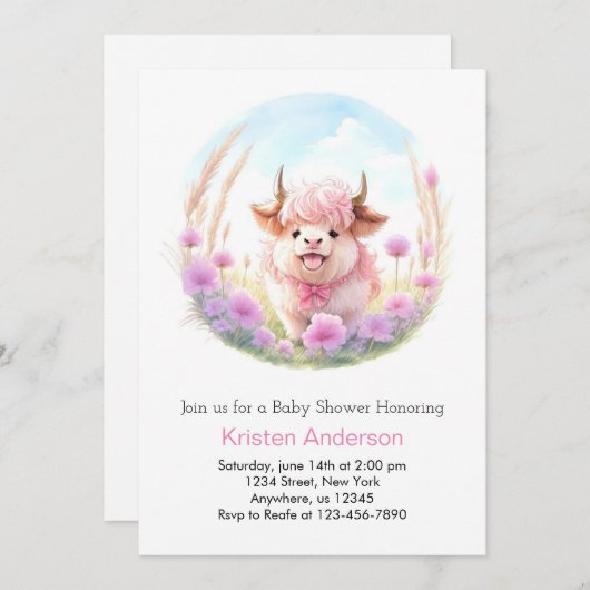 水彩カスタムハイランドカウガールベビーシャワー 招待状 (正面/裏面)