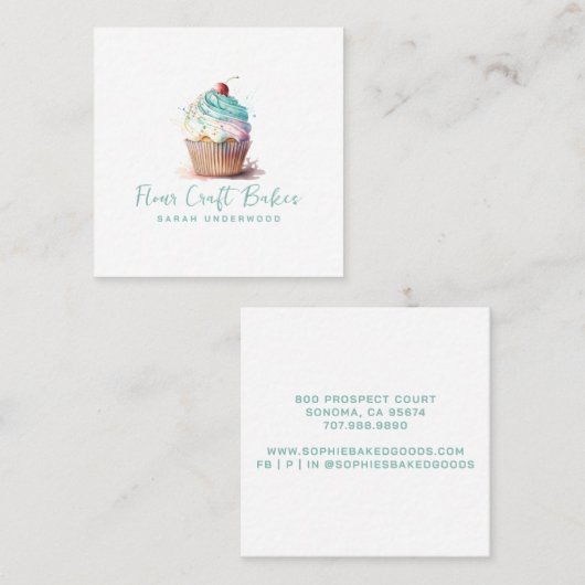 水彩カップケーキロゴベーカーベーカリーパティシシェフ スクエア名刺 (正面/裏面)