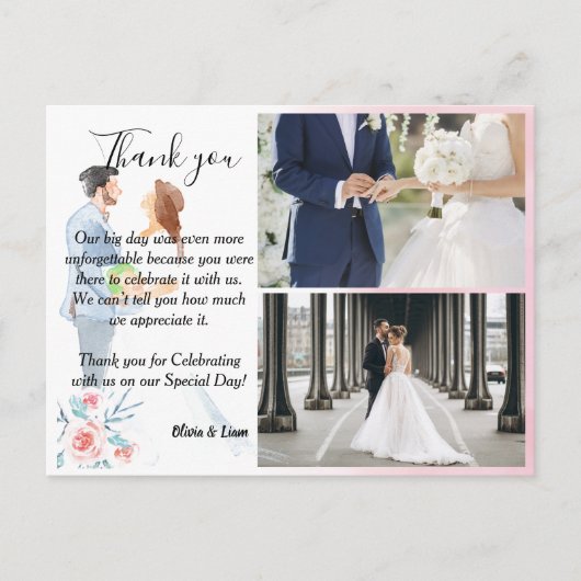 水彩カップルとバラ結婚のカーサンキュード ポストカード (正面)