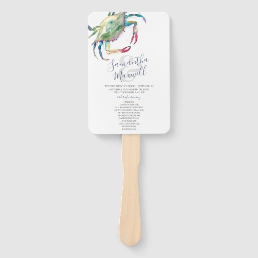 水彩カニビーチ結婚式プログラムファン ハンドファン (正面)