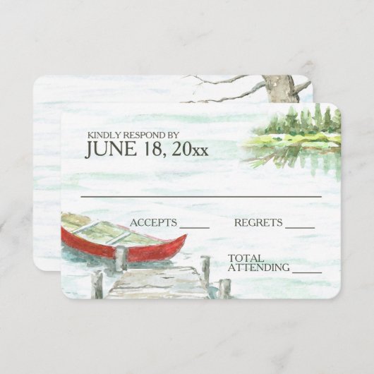 水彩カヌー湖結婚の反応 出欠カード (正面/裏面)