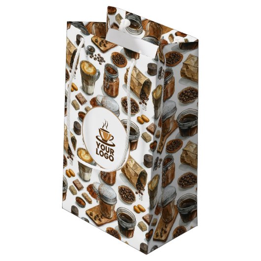 水彩カフェパン屋コーヒーブランドロゴパターン スモールペーパーバッグ (裏面アングル)