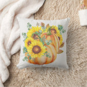 水彩カボチャとヒマワリ花束ピロー クッション (ブランケット)
