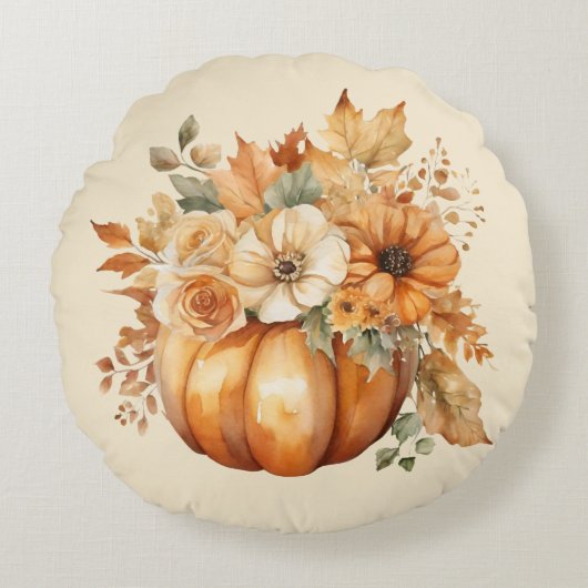 水彩カボチャとフローラデザイン- ラウンドクッション (正面)